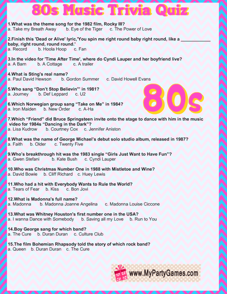 Free Printable 80s Music Trivia Quiz With Answer Key Free Printable 80s Music Trivia Quiz With Answer Key
