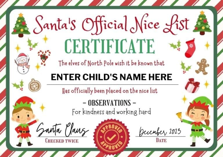 10 Free Editable Santa 39 s Nice List Certificate Printables