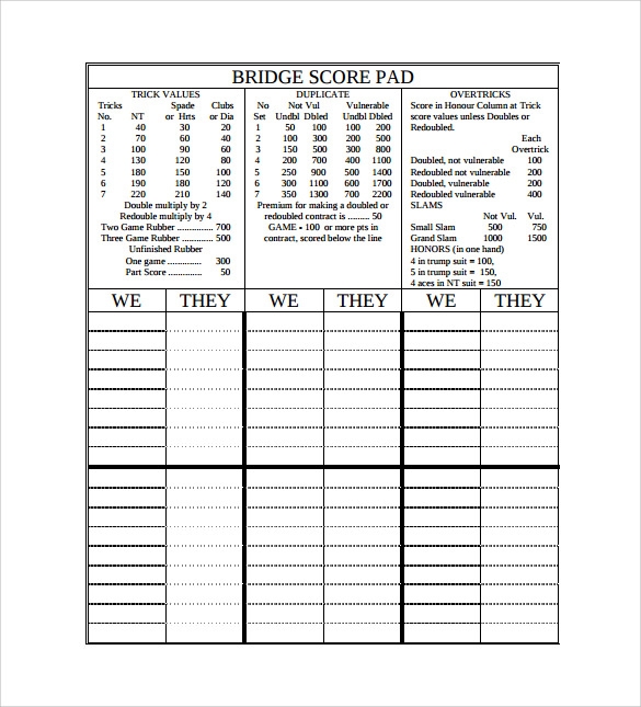 10 Sample Bridge Score Sheets Sample Templates 10 Sample Bridge Score Sheets Sample Templates