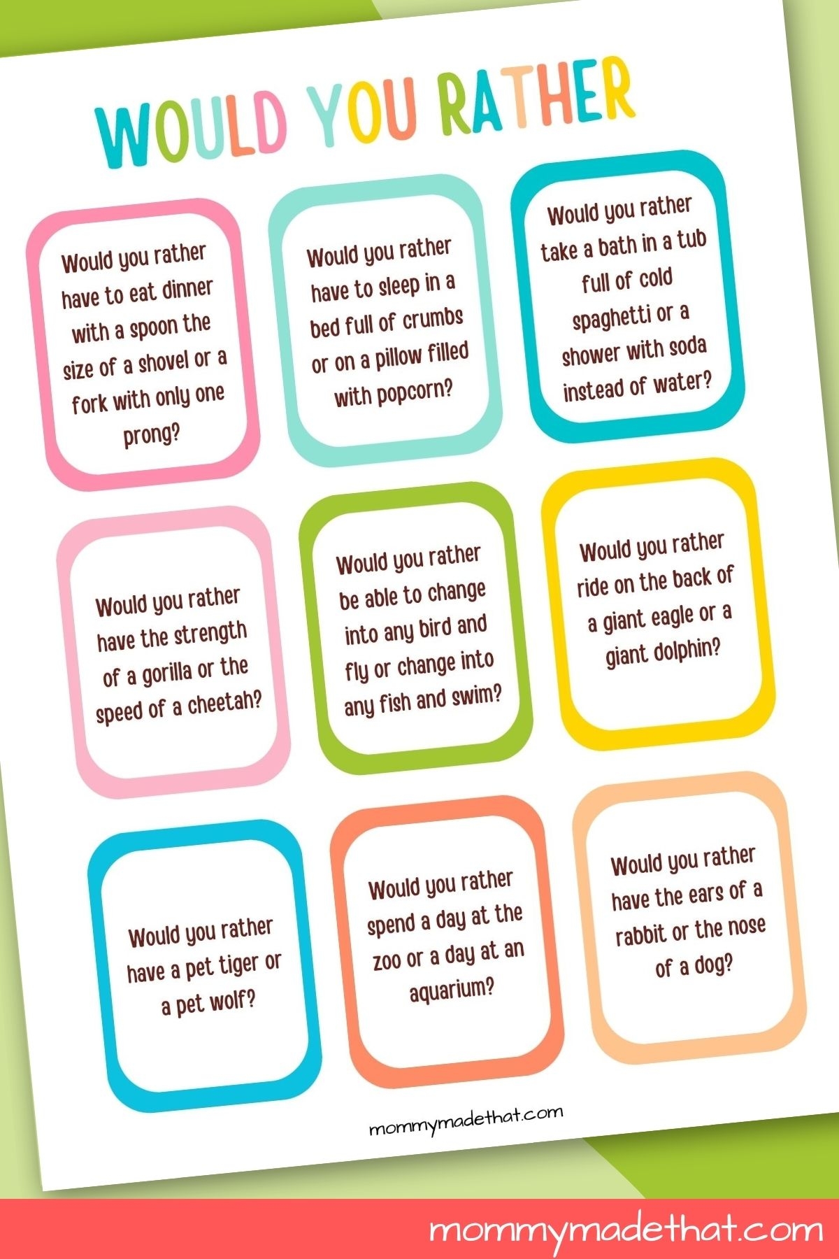 100 Free Fun Would You Rather Questions For Kids Free Printable PDF