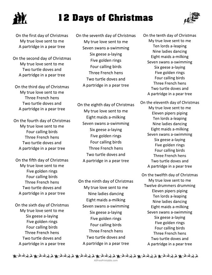 Printable 12 Days Of Christmas Lyrics