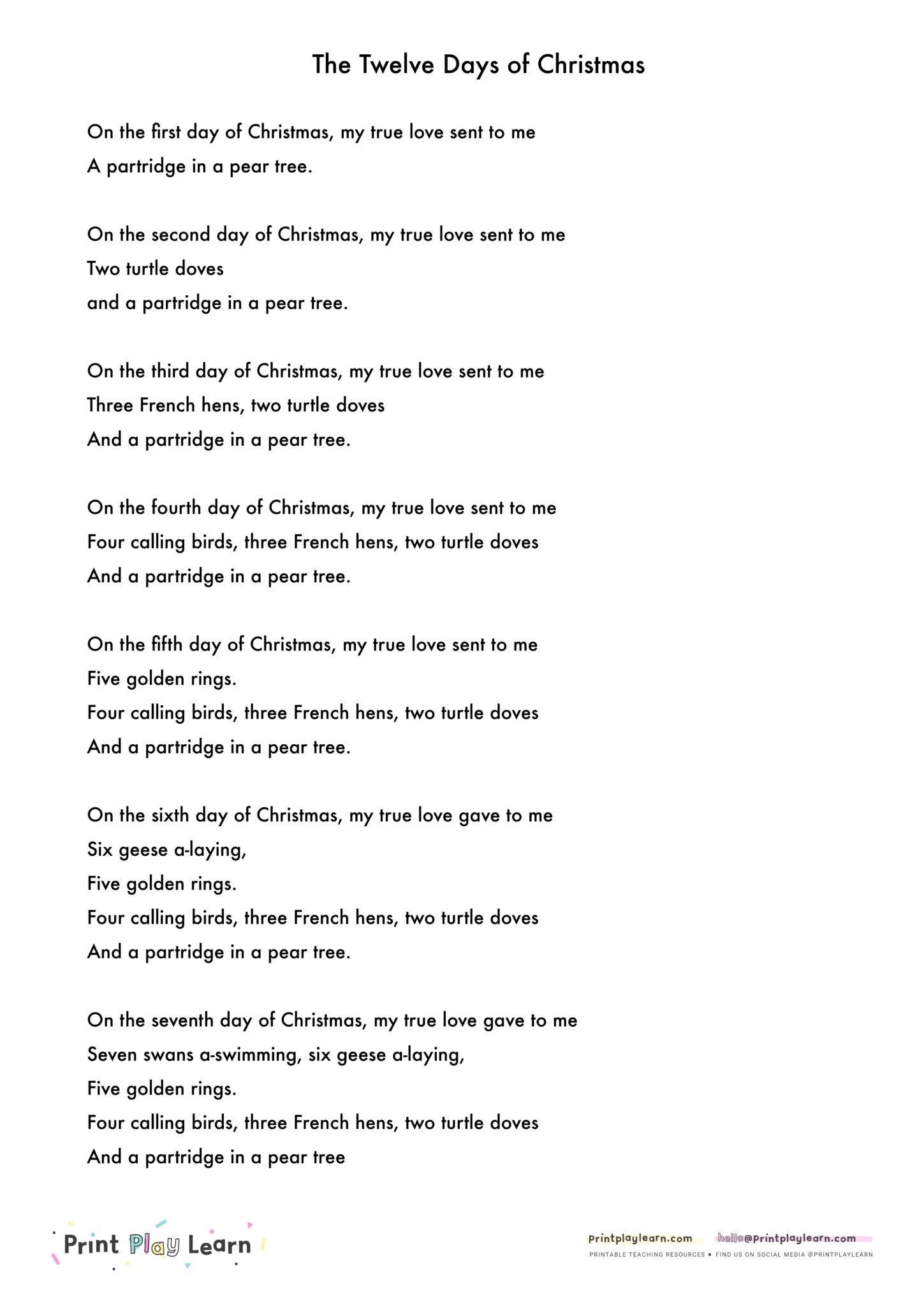 12 Days Of Christmas Lyrics Printable FREE Printable A Z