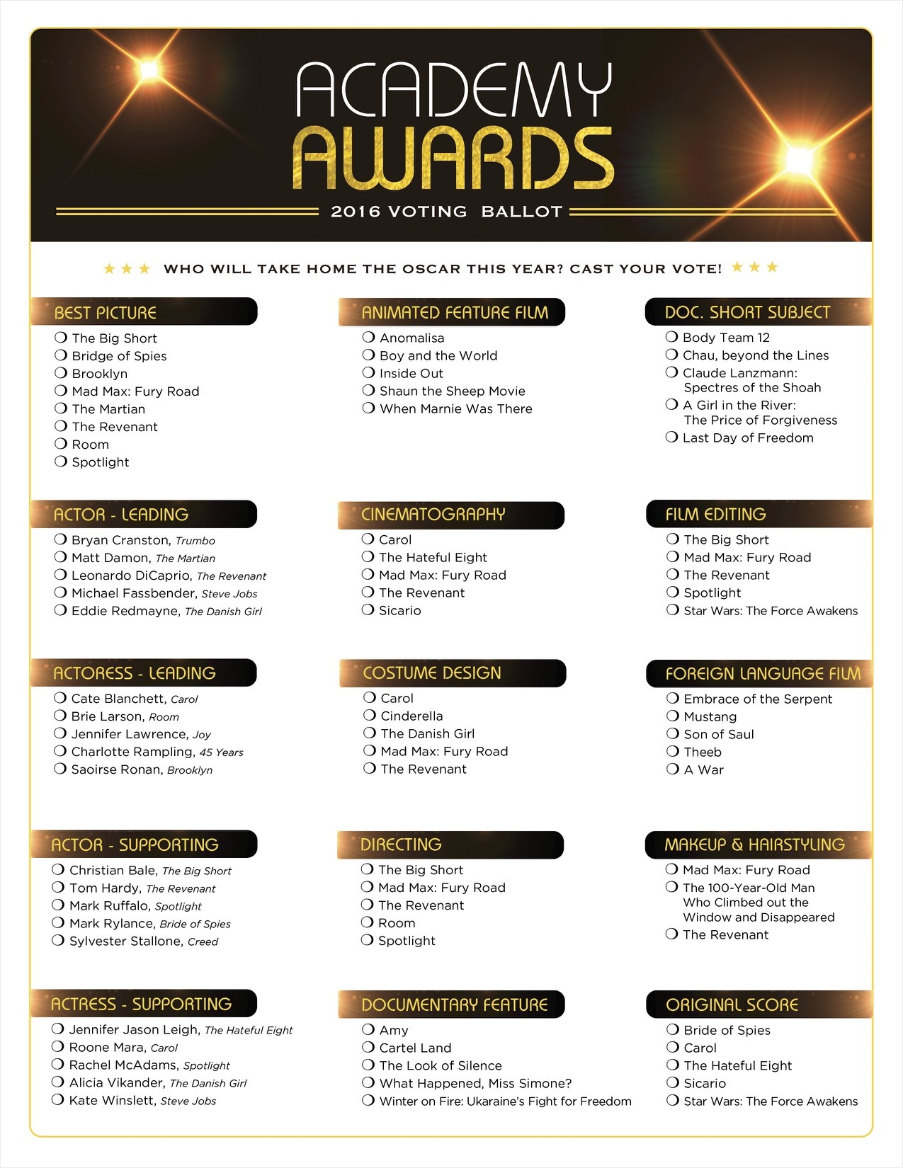 2025 Oscar Ballot Printable Joel A Kershaw