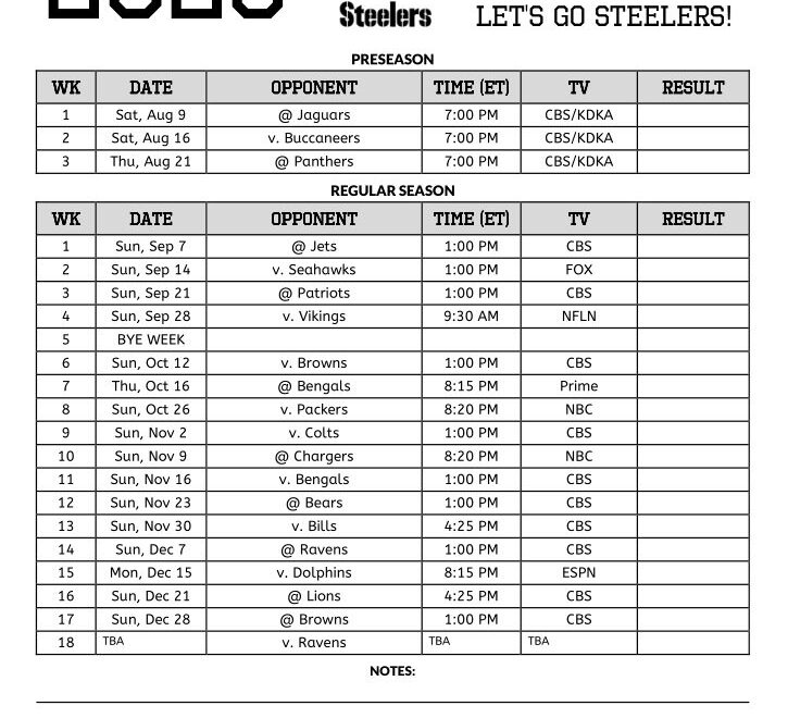 2025 Pittsburgh Steelers Schedule Free Printable
