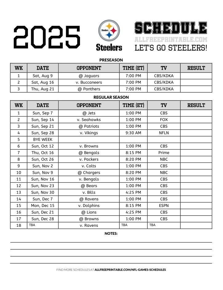 2025 Pittsburgh Steelers Schedule Free Printable