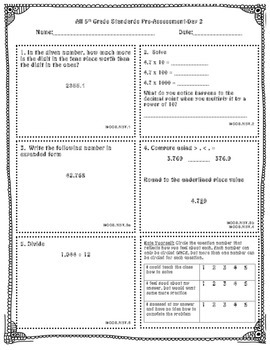 5th Grade MATH Beginning Of The Year Pre Assessment ALL STANDARDS