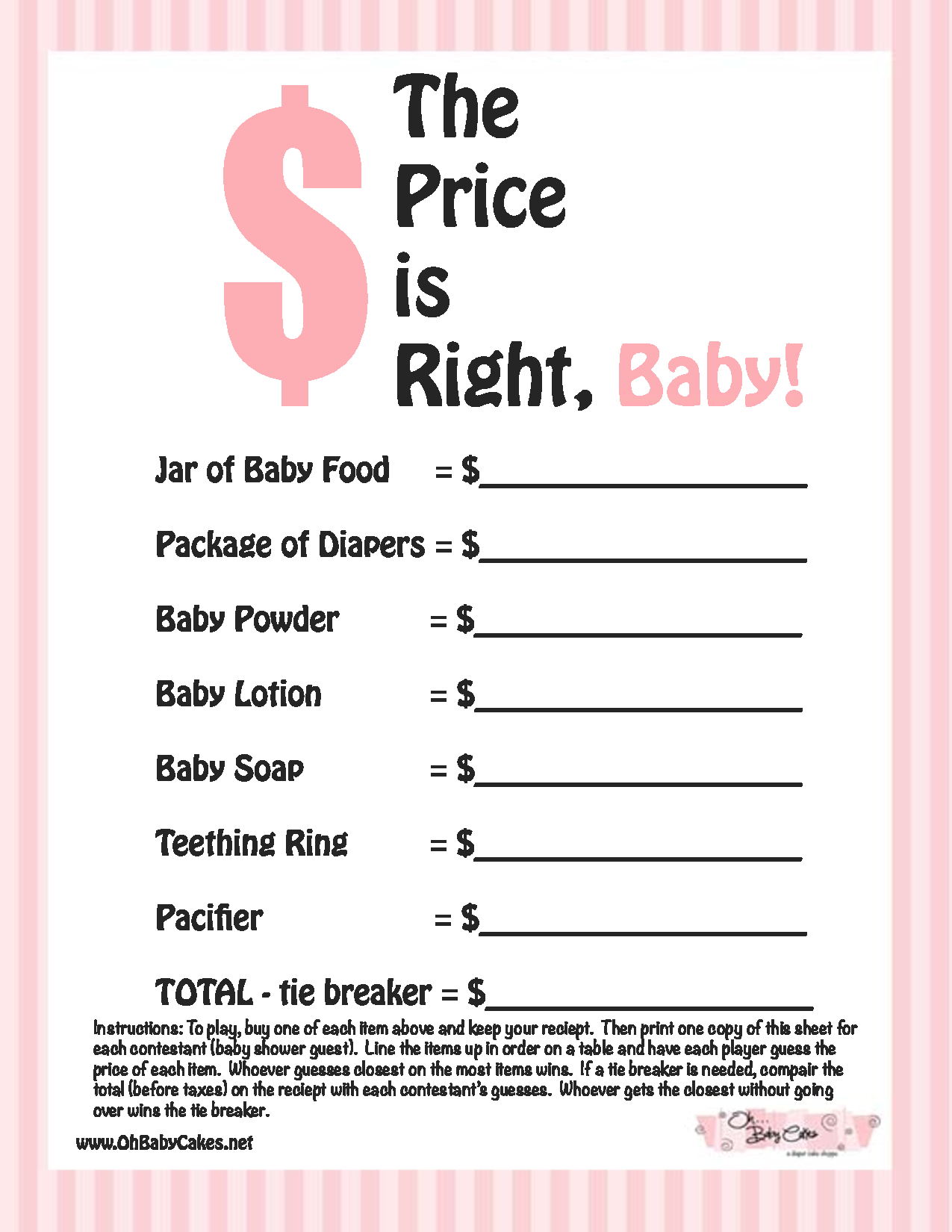 Price Is Right Baby Shower Free Printable