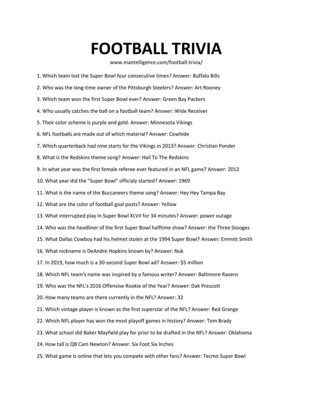 64 NFL Football Trivia Questions Answers Easy To Hard 