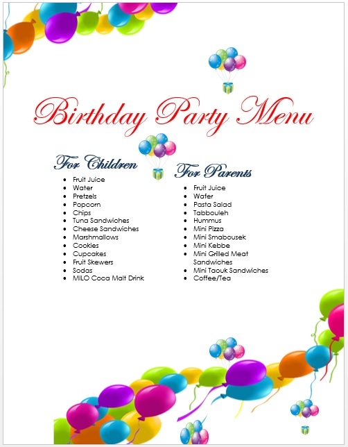 Free Printable Birthday Menu Templates