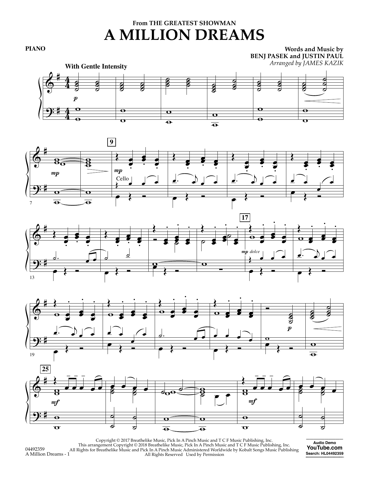 A Million Dreams from The Greatest Showman arr James Kazik Piano 