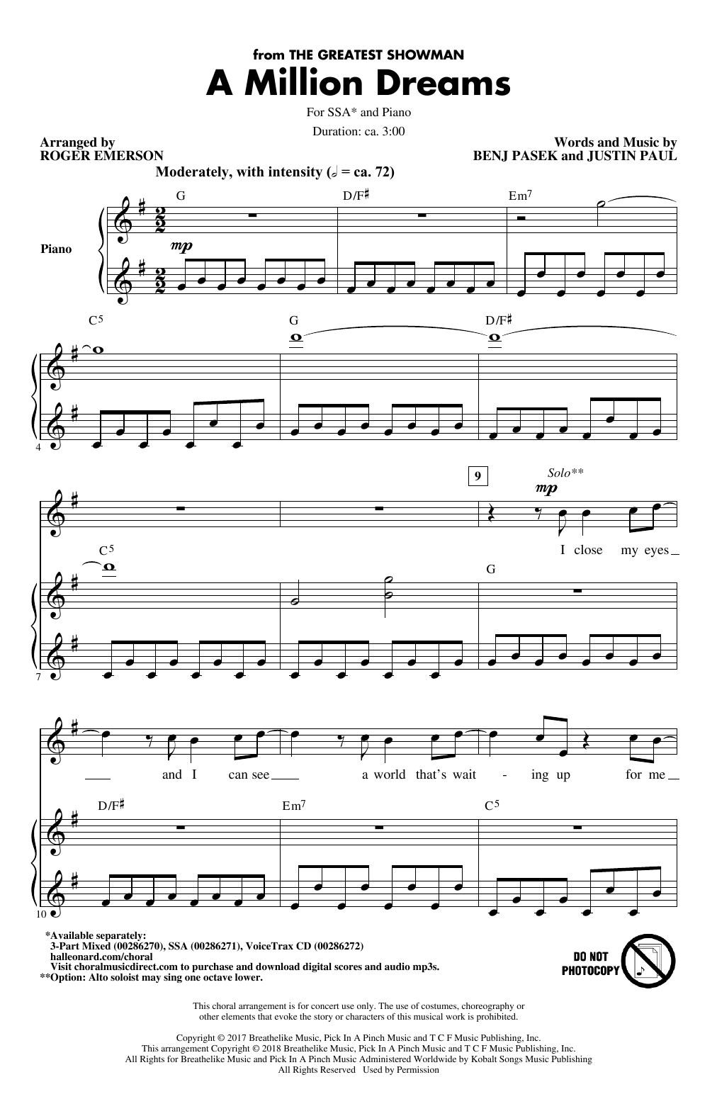 A Million Dreams from The Greatest Showman arr Roger Emerson By 