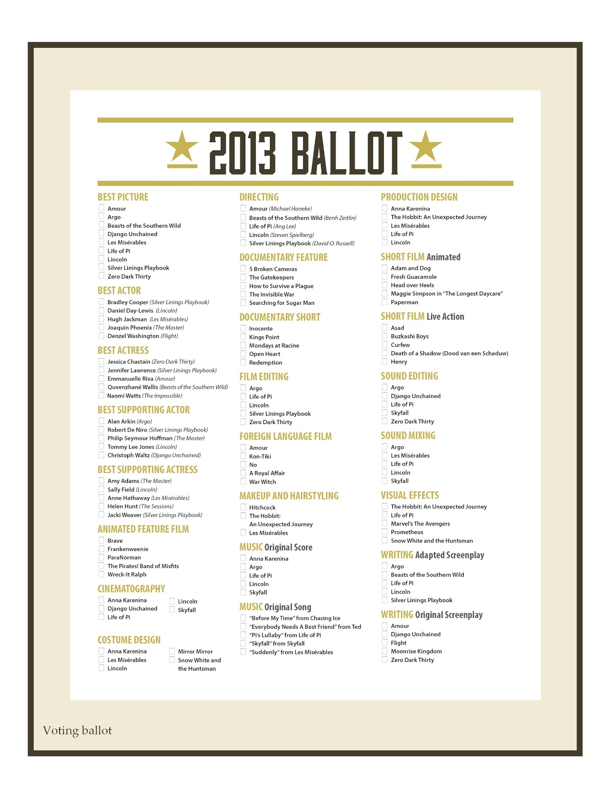 2025 Academy Award Nominations Printable Ballot