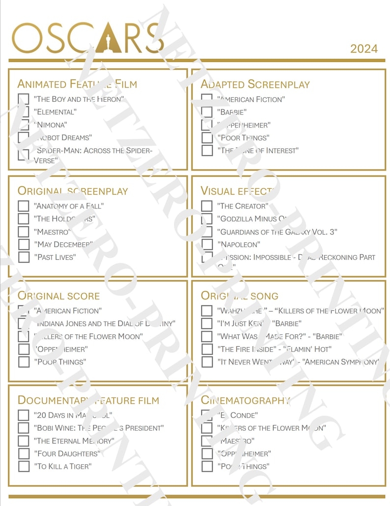 Academy Awards 2025 Printable Ballot John Morris