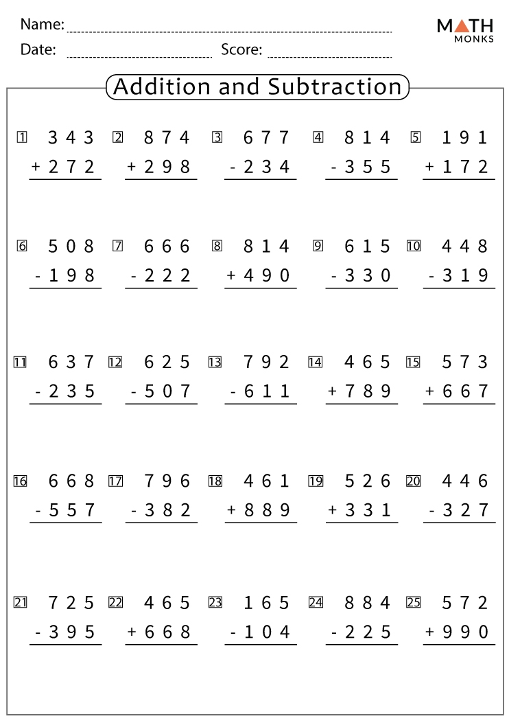 Addition And Subtraction Worksheets For Grade 3 With Answer Key