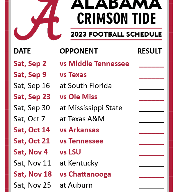 Alabama 2025 Football Schedule Printable Pdf Free Abigail J Gates