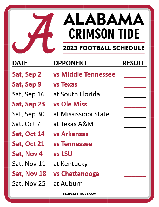 Alabama 2025 Football Schedule Printable Pdf Free Abigail J Gates
