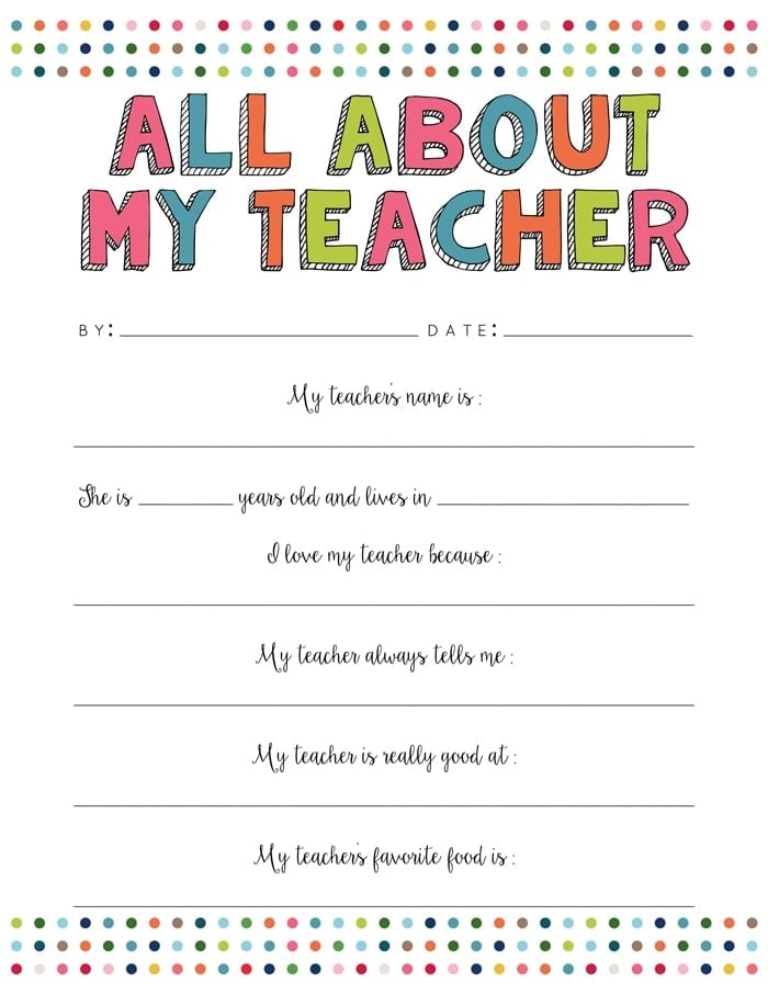 All About My Teacher Free Printable Yellow Bliss Road