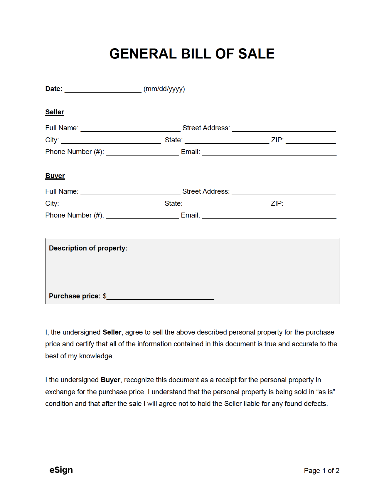 Bill Of Sale Template Free Printable