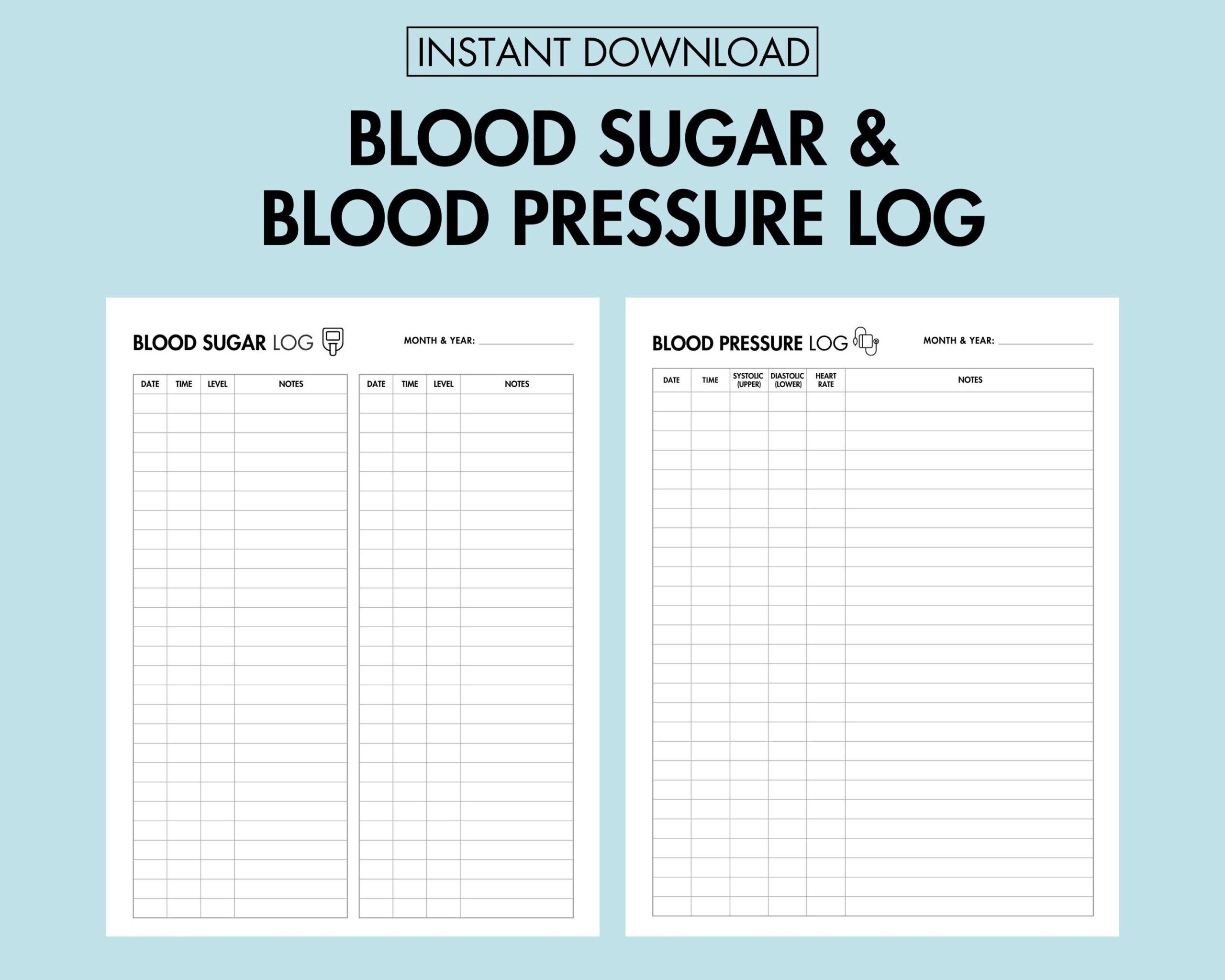 Blood Sugar Log Printable Blood Pressure Log PDF Blood Glucose Tracker 