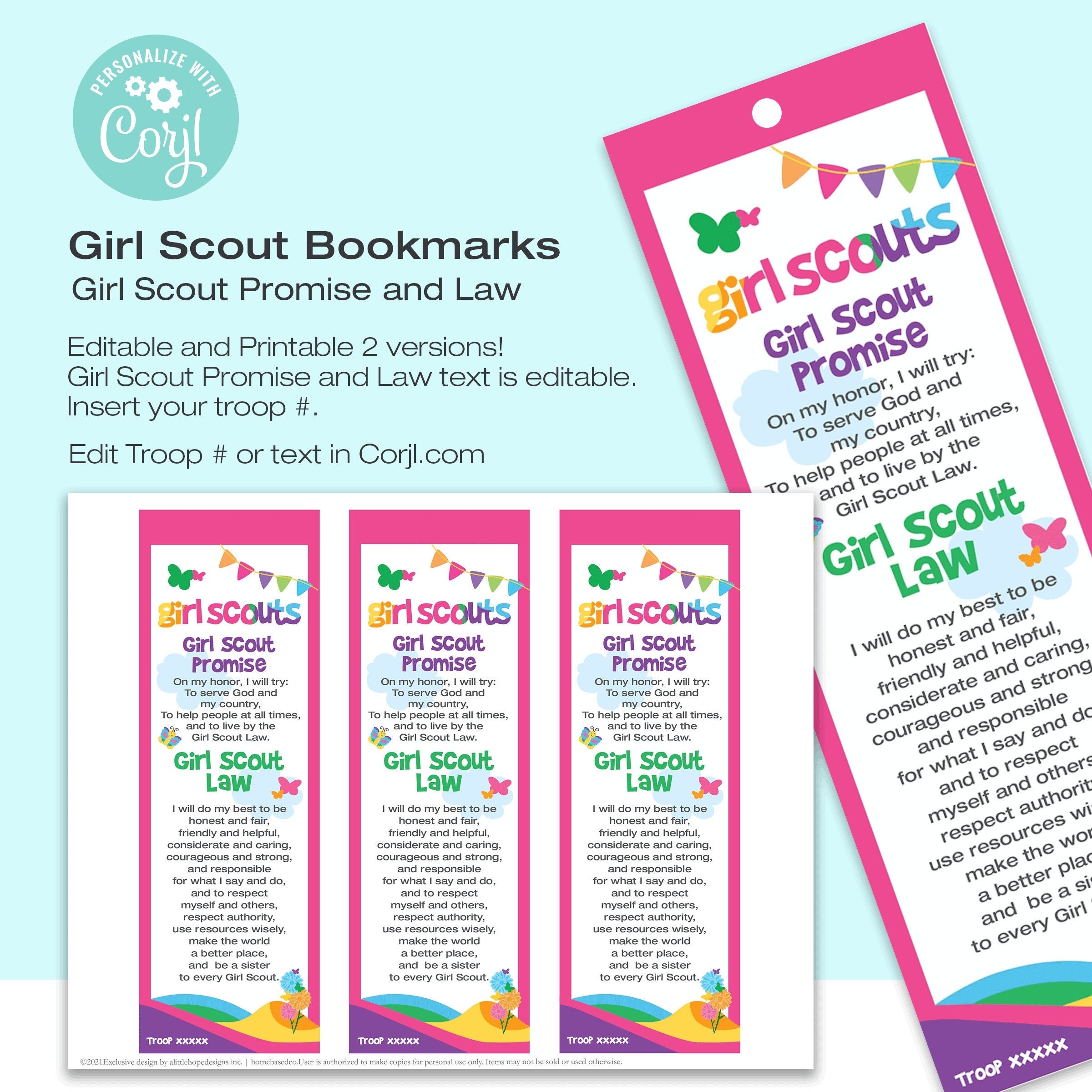 BOOKMARKS Girl Scout Promise And Law Printable EDITABLE Text Etsy