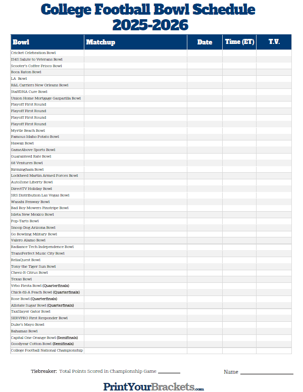 Printable Bowl Game Schedule 2025