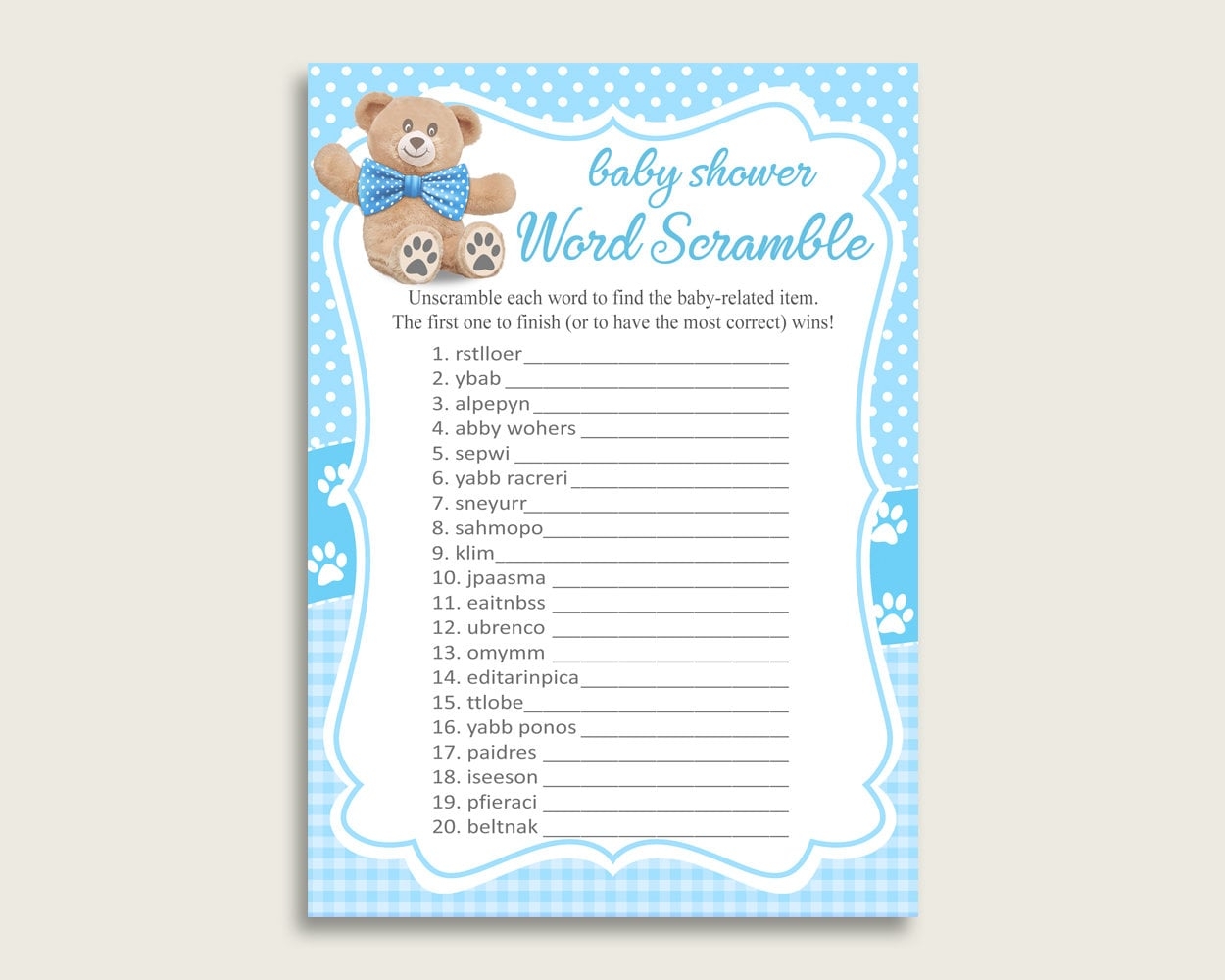 Boy Baby Shower Word Scramble Game Printable Cute Teddy Bear Etsy