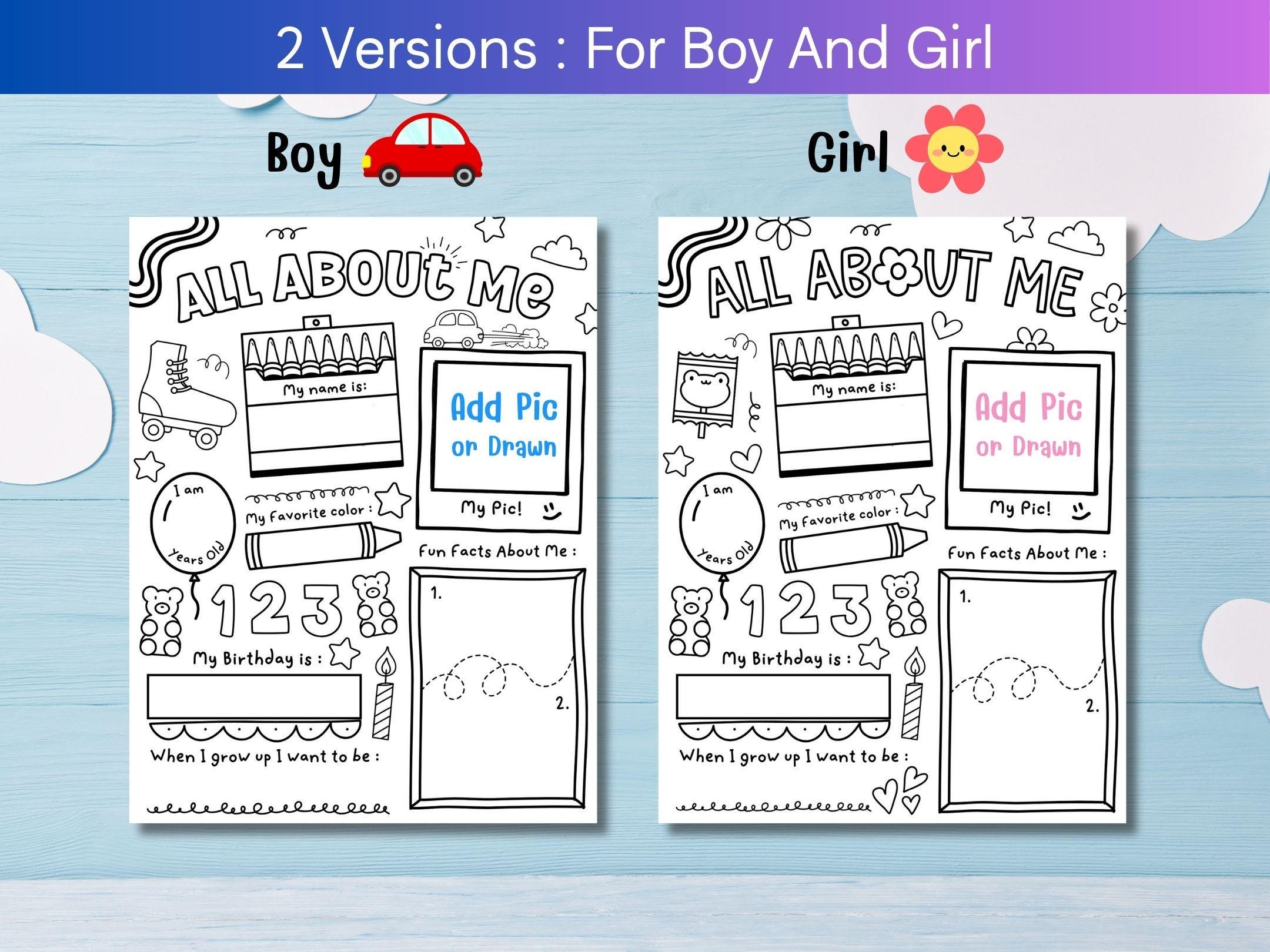 Boy Girl All About Me Printable Student Questionnaire Daycare 
