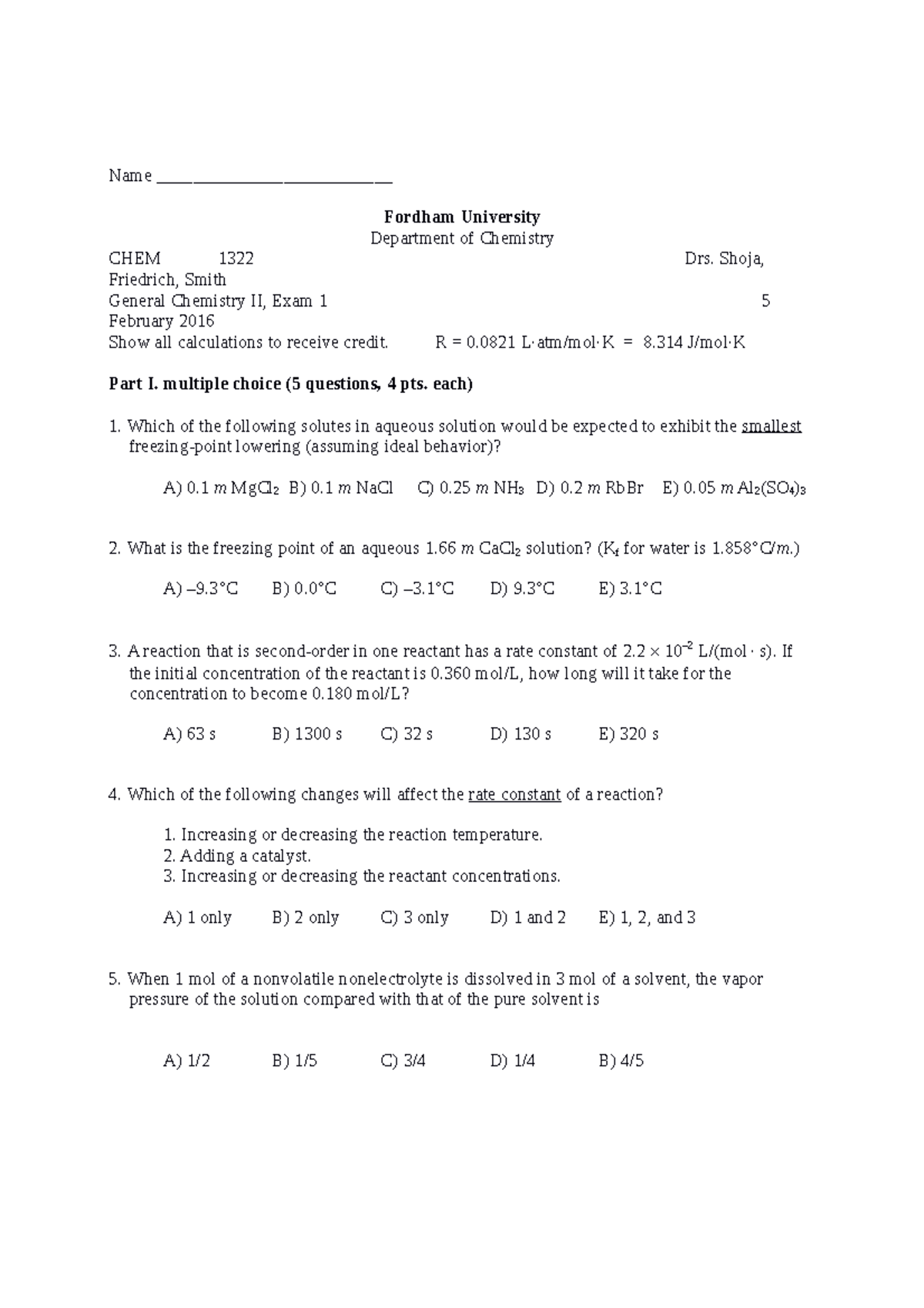 Chem II Practice Exams V2022 Name Fordham 