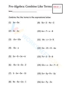 Combining Like Terms Worksheets Combining Like Terms Worksheets