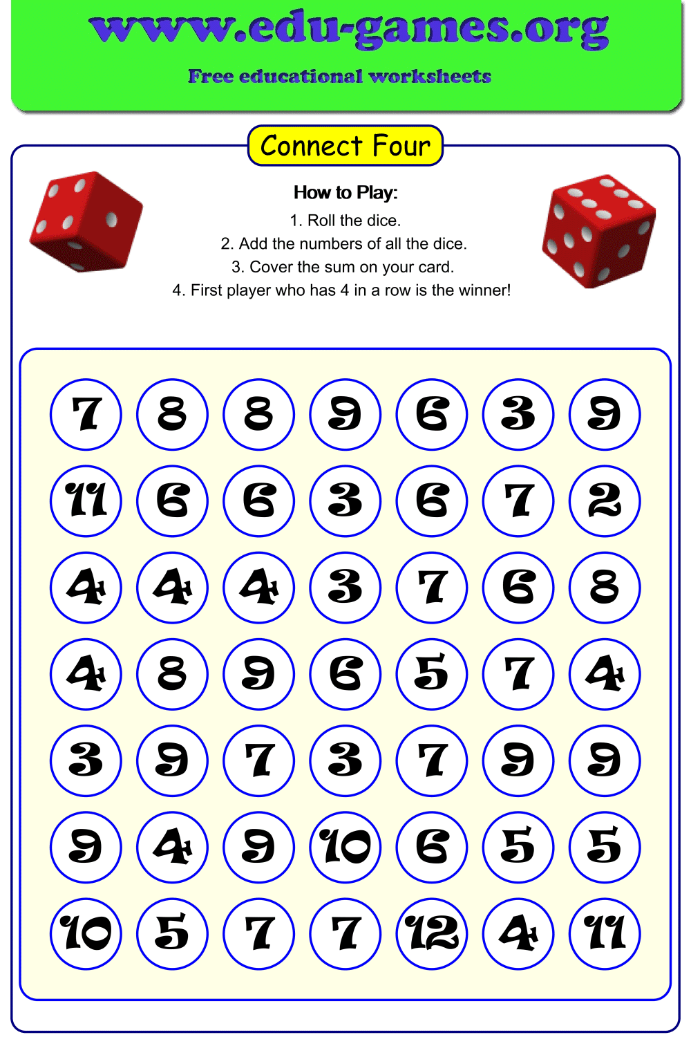 Connect Four Addition Free Printable Math Game Worksheets 