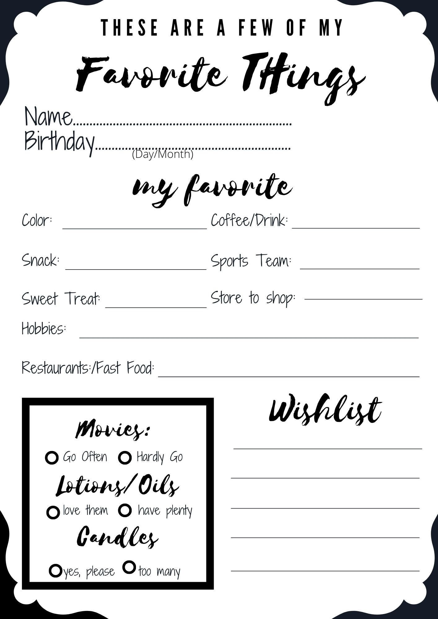 Customizable My Favorite Things Questionnaire 8 quot x10 quot Secret Santa 