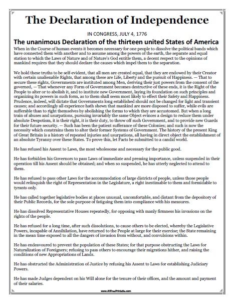 Declaration Of Independence Printable Text