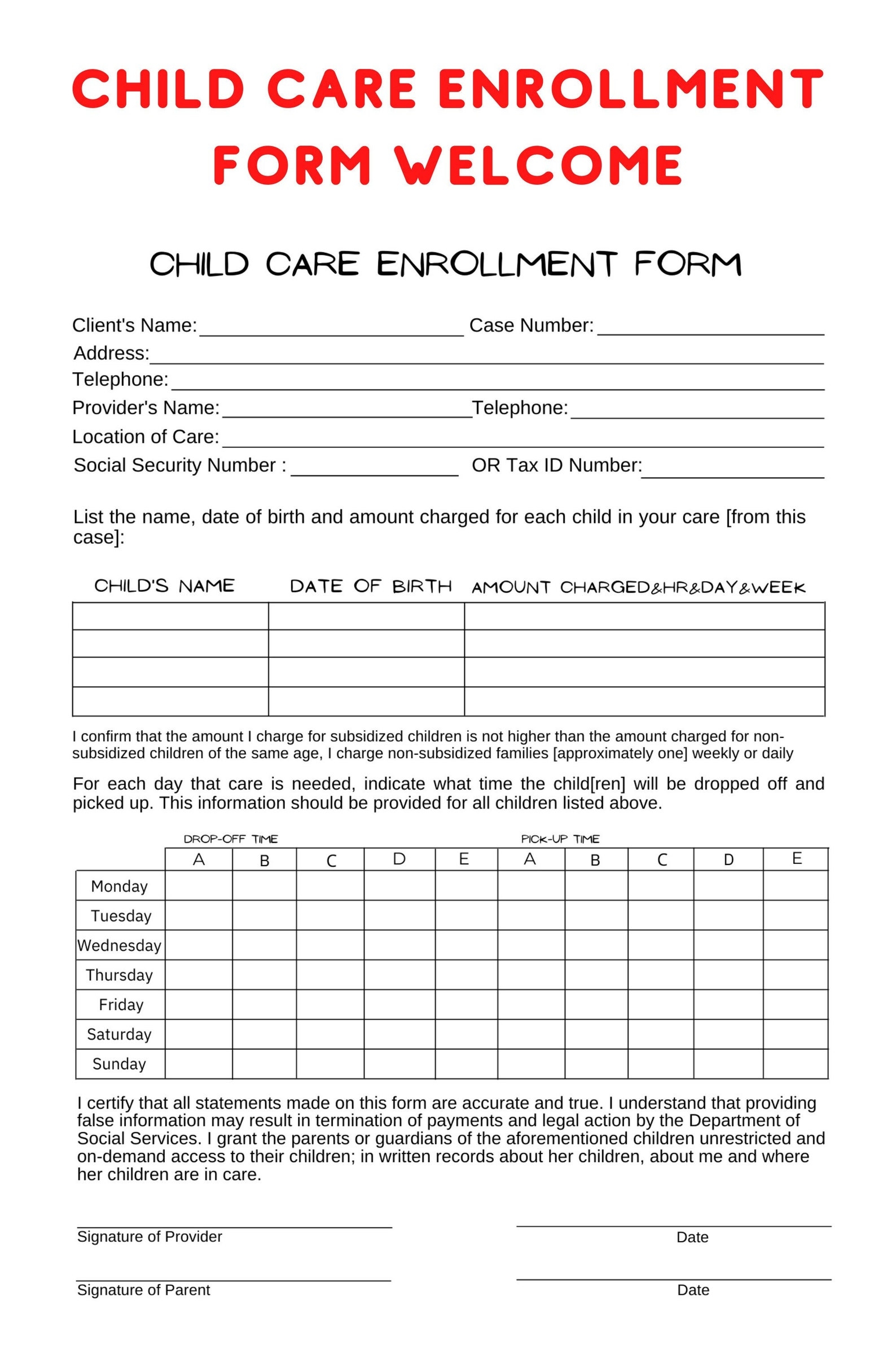 Free Printable Child Care Forms