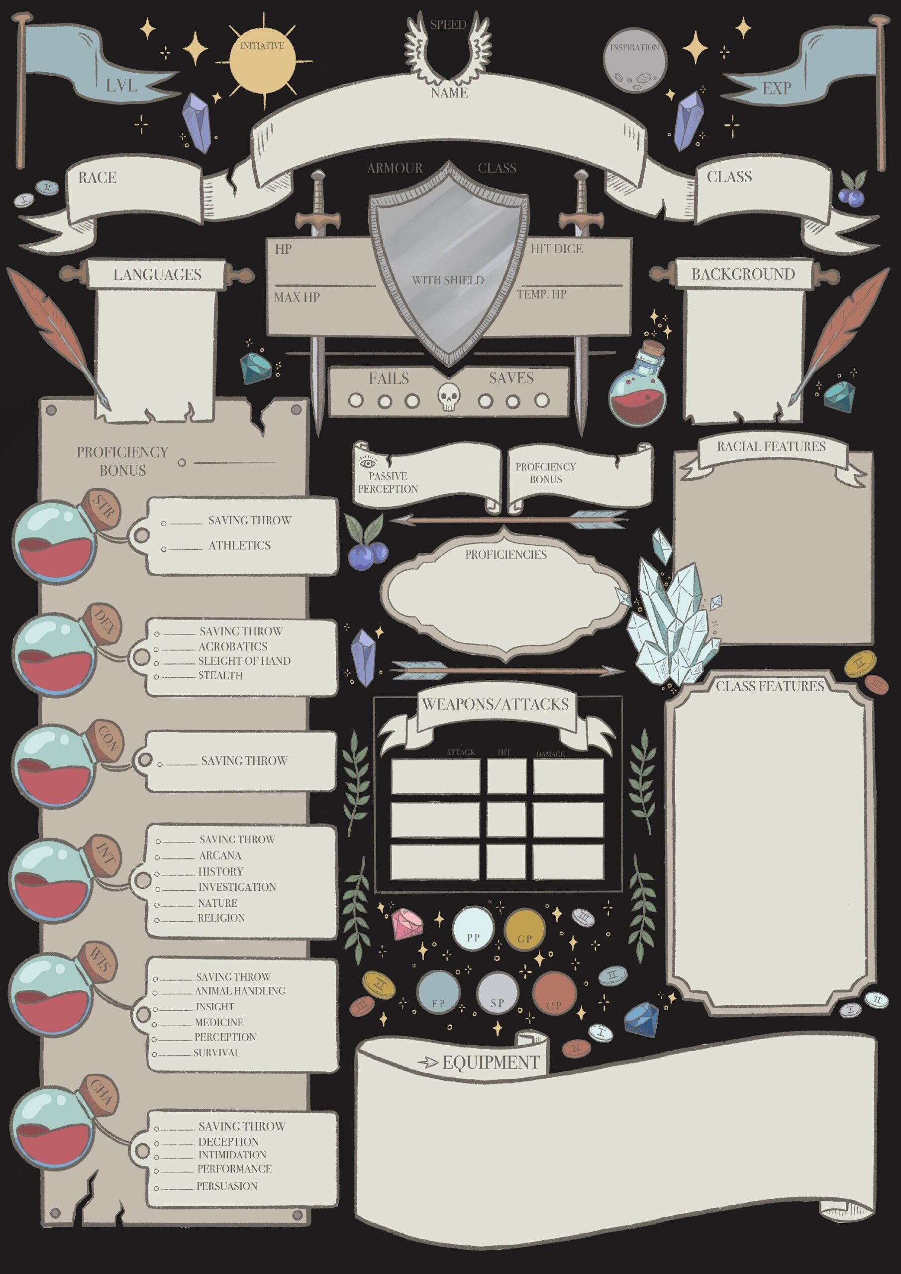 Dnd 5e Character Sheet Full Colour Black Background Printable Download 