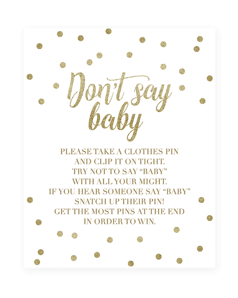 Don 39 t Say Baby Clothespin Game With Gold Confetti Printable Table Sign 