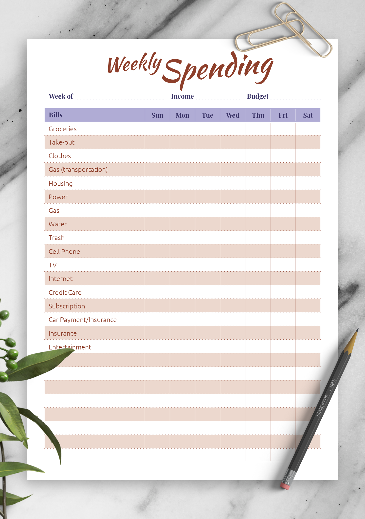 Weekly Expenses Tracker Planner Printable Free