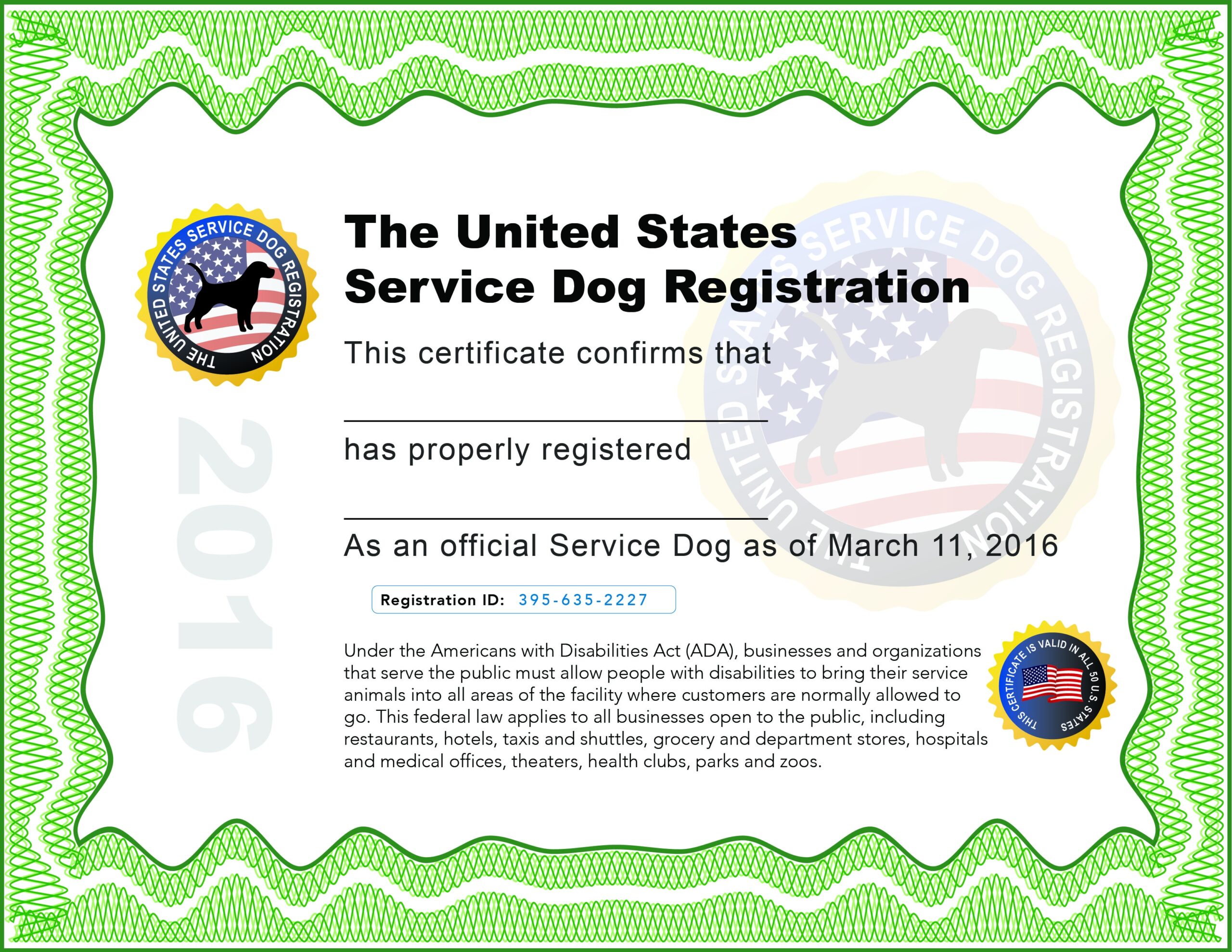 Downloadable Free Printable Service Dog Certificate
