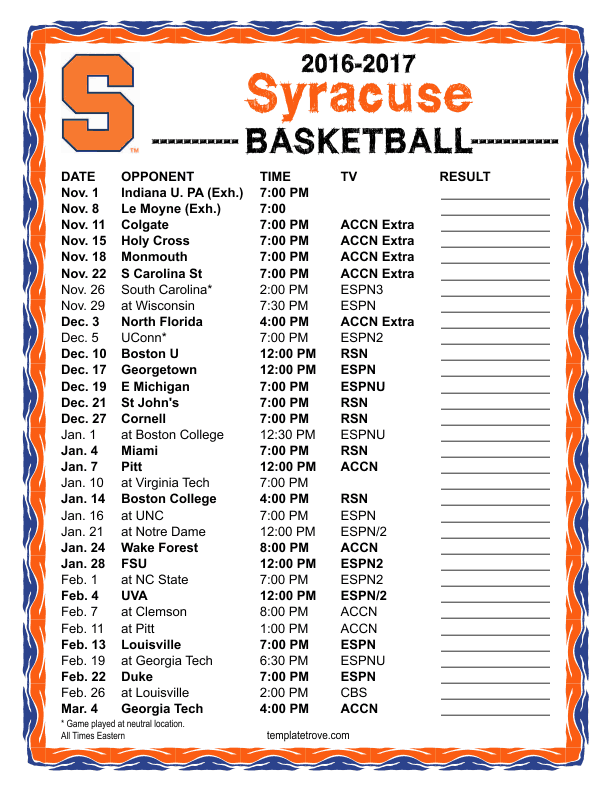 Syracuse Basketball Schedule 2025-19 Printable