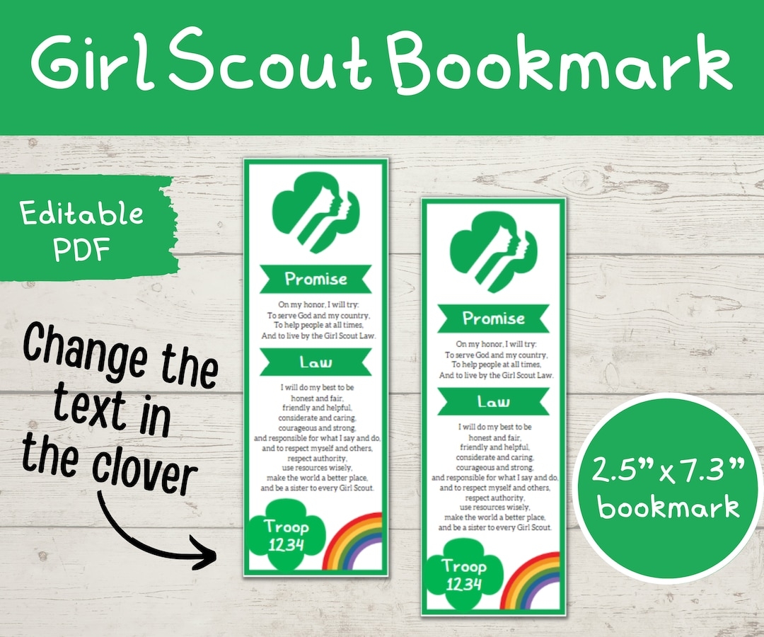 Editable Girl Scout Bookmark Printable Instant Download Girl Scout 