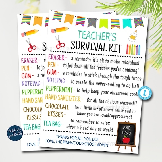 EDITABLE Teacher Survival Kit Printable Back To School Teacher Gift