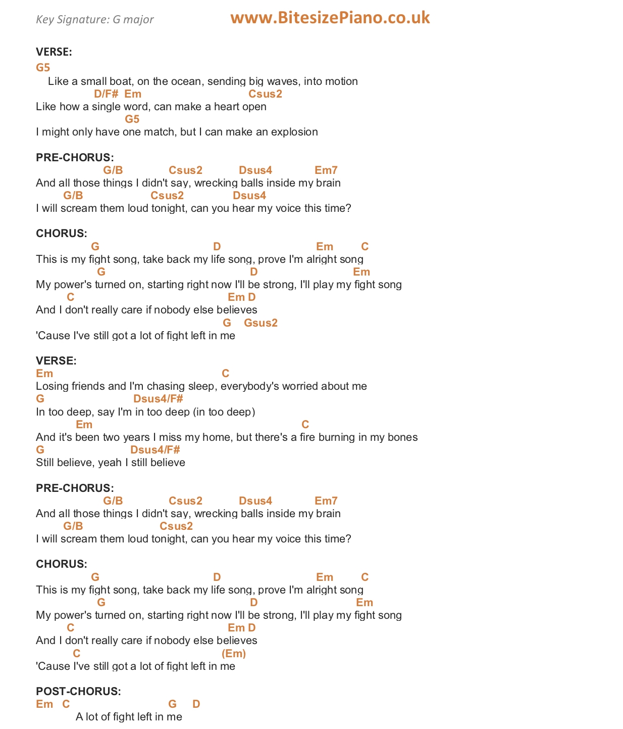 FIGHT SONG RACHEL PLATTEN PIANO CHORDS Lyrics Bitesize Piano