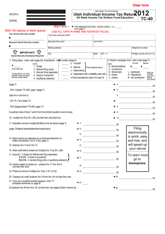 Fillable Form Tc 40 Utah Individual Income Tax Return 2012 