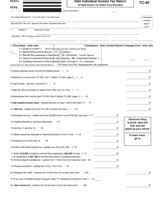 Fillable Form Tc 40 Utah Individual Income Tax Return Printable Pdf