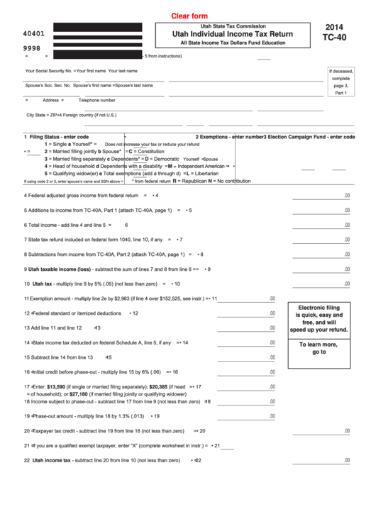 Fillable Form Tc 40 Utah Individual Income Tax Return Printable Pdf 