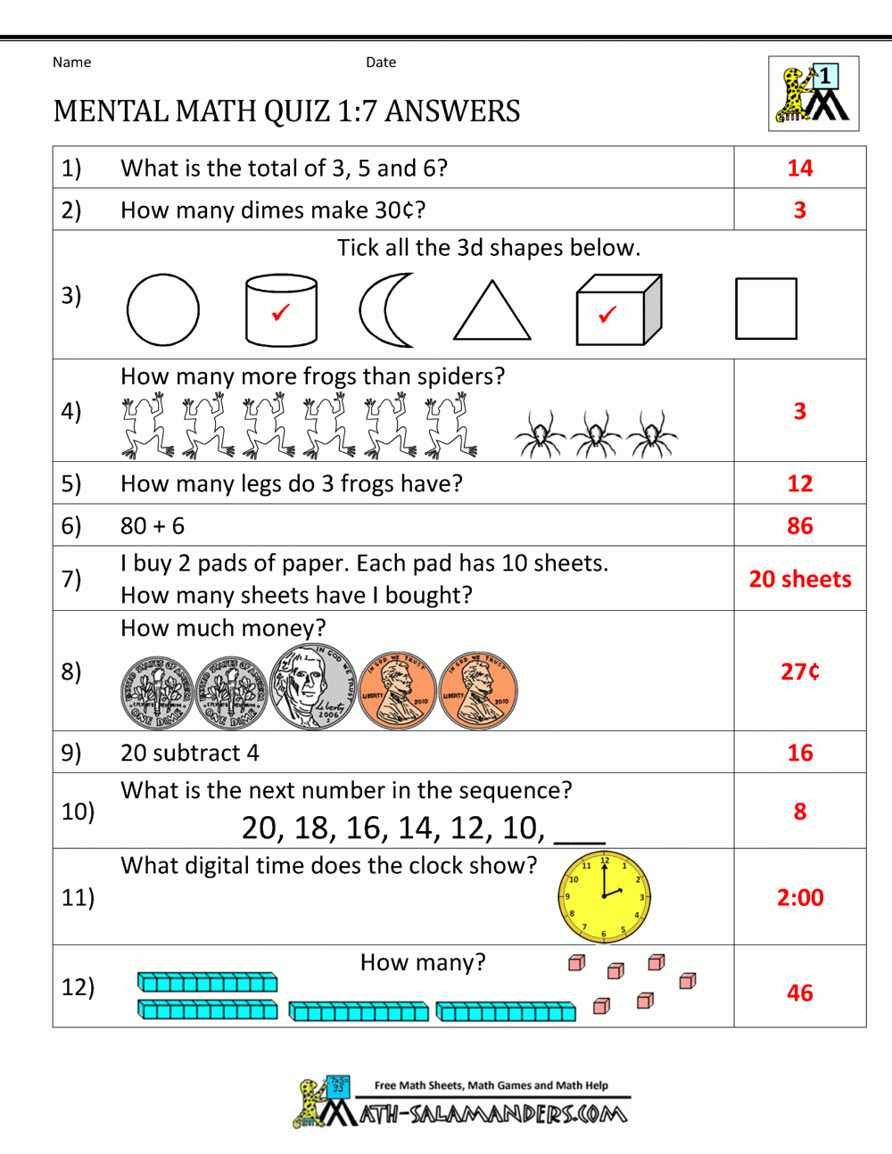First Grade Mental Math Worksheets