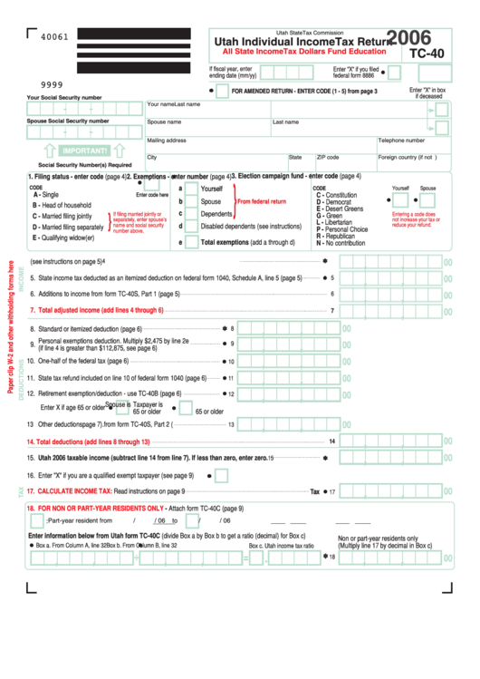 Form Tc 40 Utah Individual Income Tax Return 2006 Printable Pdf 