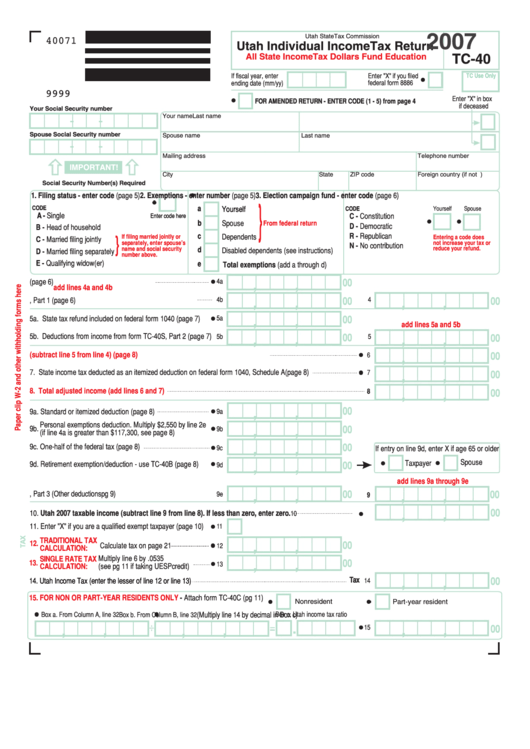 Form Tc 40 Utah Individual Income Tax Return 2007 Printable Pdf 