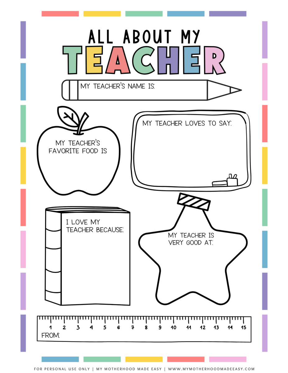 FREE All About My Teacher Printable PDF Thank You Gift My 