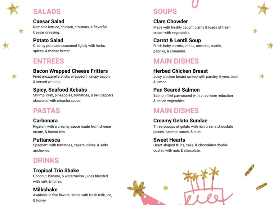 Free Birthday Menu Templates Editable And Printable