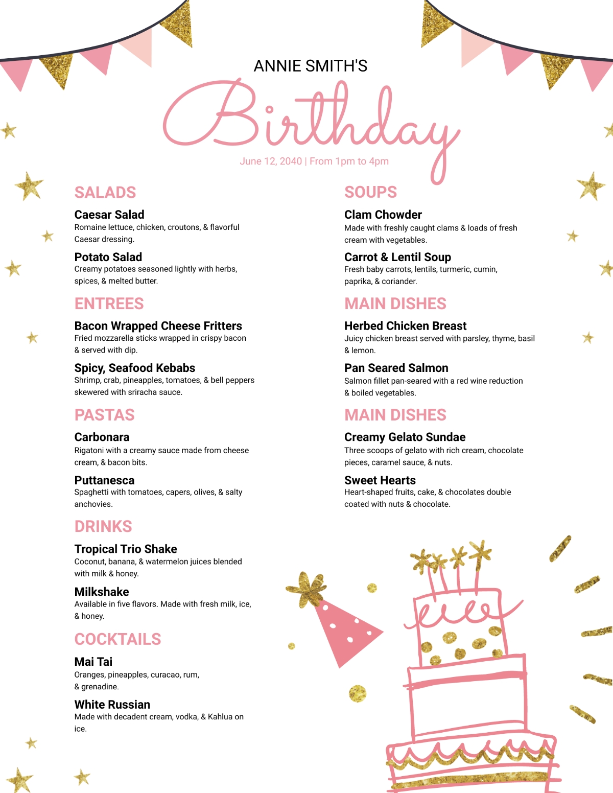 Free Birthday Menu Templates Editable And Printable